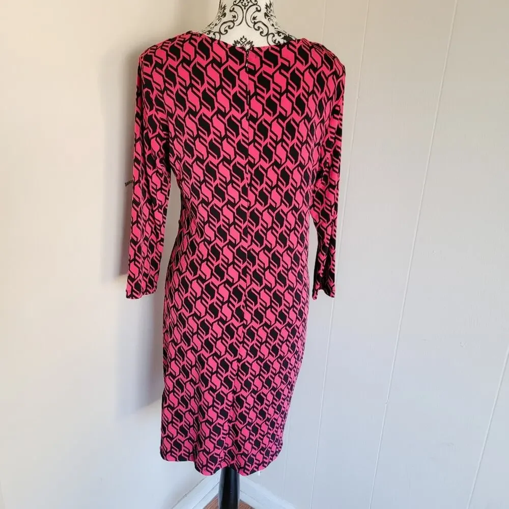 Michael Kors Pink and Black Geometric Long Sleeve Midi Dress